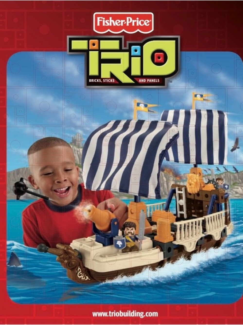 Fisher-Price TRIO Pirate Ship Toy with Blue and White Striped Sails mising 1 bic